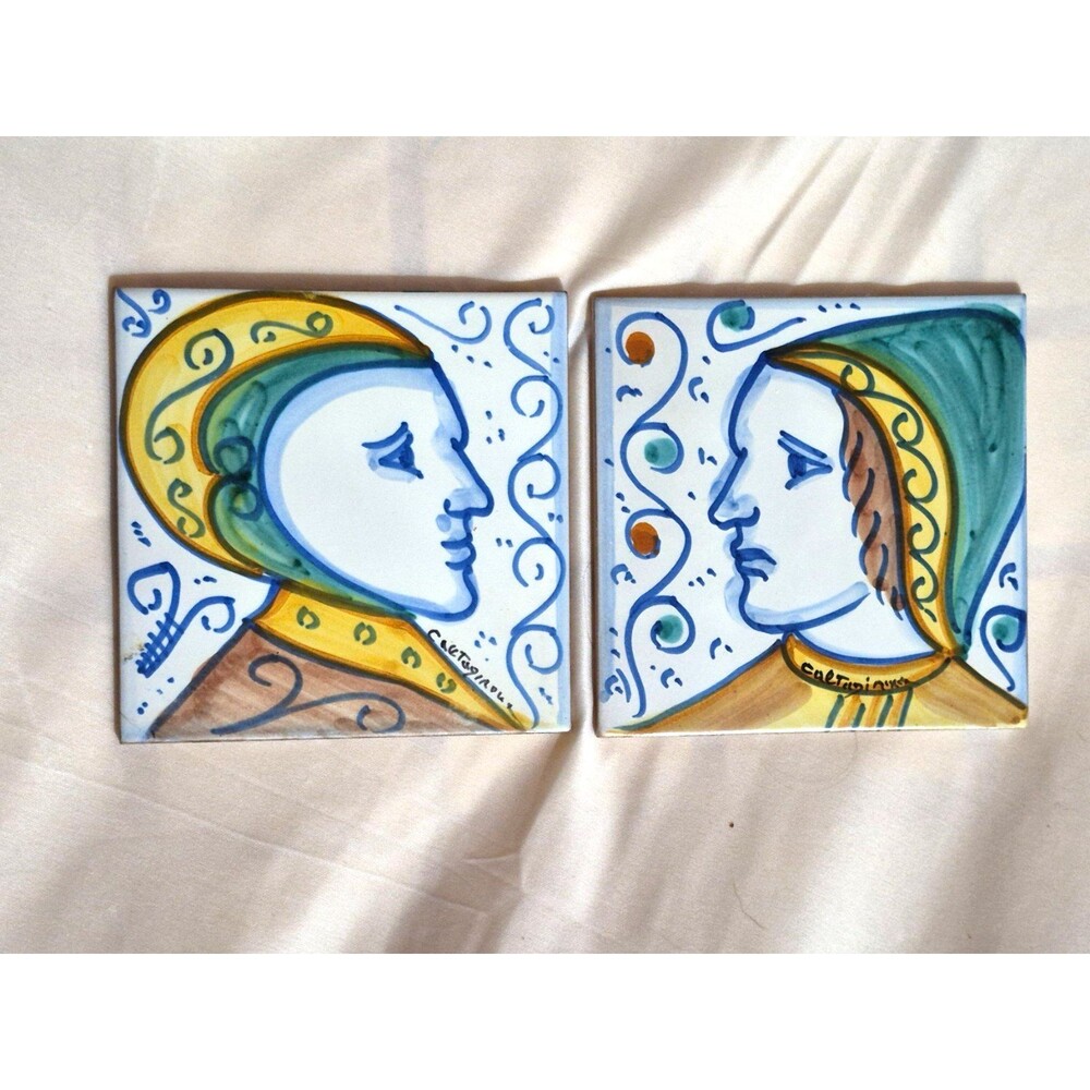 Caltagirone Pottery Set Of 2 Tiles 6" x 6" Signed Beautiful Colors Hand Painted